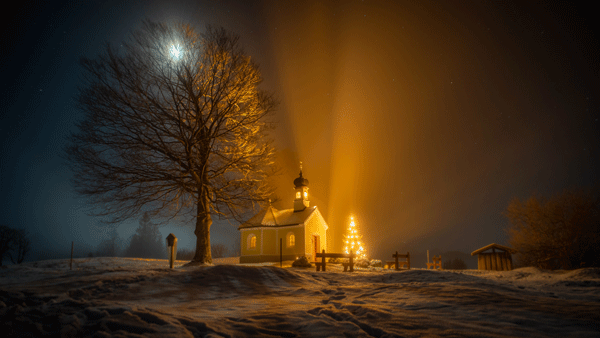 church, winter, warm glow, light, snow, star.